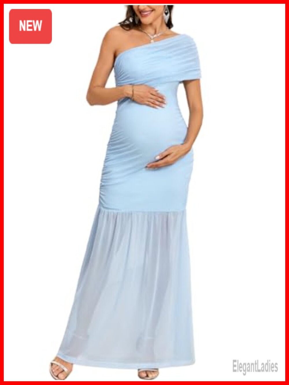 One Shoulder Maternity Maxi Dress Mesh Mermaid Hem Ruched Baby Shower Gown